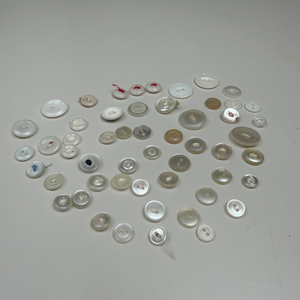 Vintage White Two Hole Plastic‎ Button Lot Iridescent Mixed Sizes 53 Pc
